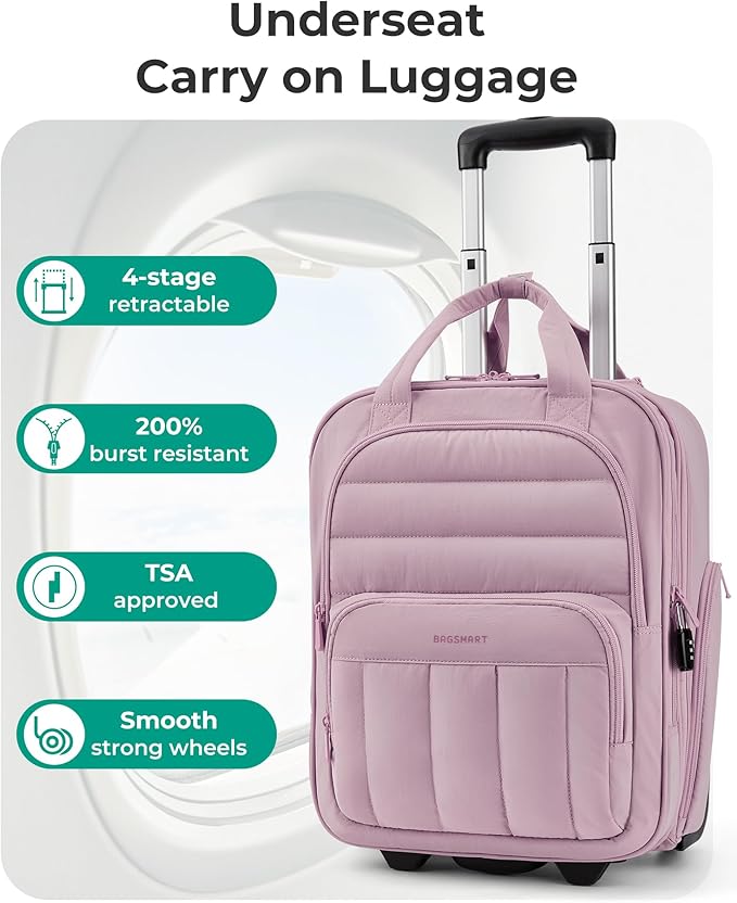 BAGSMART Small Underseat Carry on Luggage with Wheels, 16 inch Small Under Seat Luggage, Lightweight Travel Suitcase for Women, Mist Purple