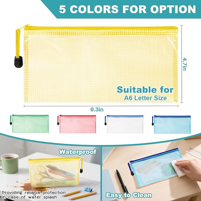 Mesh Zipper Pouch Bags - 5Pack A6 Waterproof Small Zipper Bags 4.7x9.3 Inch Clear Mesh Storage Pouches Assorted Colors for Home, Office, School, Travel, Receipts, Puzzles, Pencil, Cosmetic