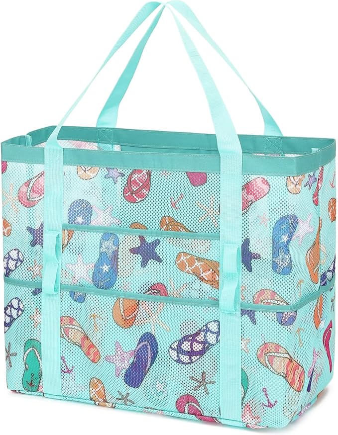 Fammart Mesh Beach Bag, Large Beach Tote with Zipper Pocket, Toys Pool Bag for Family Travel Vacation Cruise Essentials
