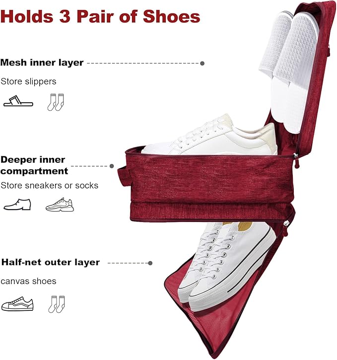 Large Shoe Bags for Travel, Shoe Travel Bag Holds 3 Pairs of Shoes, Travel Shoe Bags for Packing in Suitcase, Portable Dance Shoe Storage Pouch, Shoe Organizer, Sneaker Storage Bag (Red)