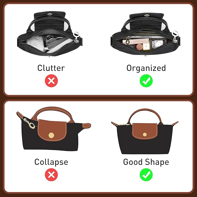 Doxo Bag Organizer Insert for LongChamp Mini Bag, Felt Small Purse Insert Organizer with YKK Zipper, Bag in Bag for Le Pliage Pouch XS with Handle, Extra Small Handbag Inner Shaper (Black, Mini)