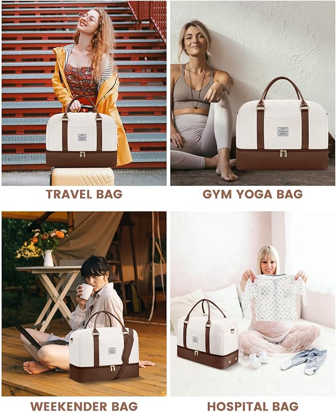 Weekender Travel Duffle Bag for Women: Overnight Bags with Shoe Compartment Carry on Bags for Airplanes with Toiletry Bag Yoga Gym Bag with Wet Pocket Travel Duffel Tote Bag Hospital Bag Brown Beige
