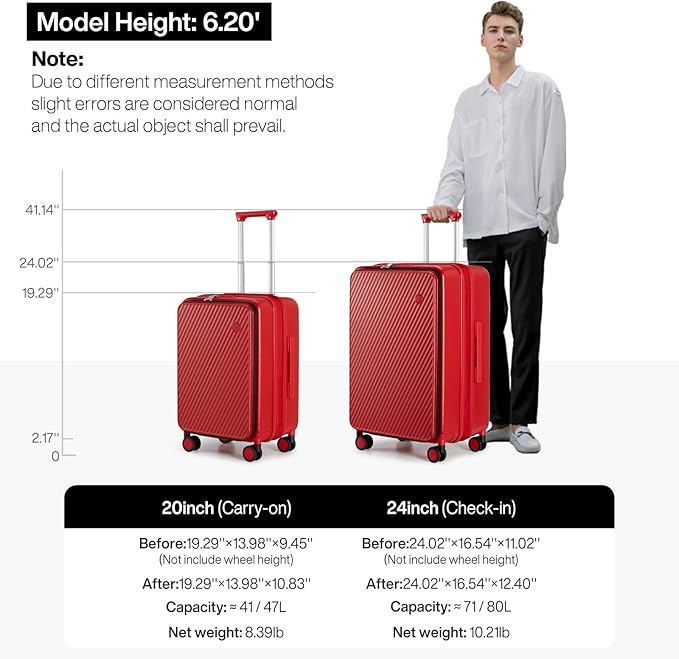 mixi 24 Inch Large Expandable Checked Luggage PC Hard Shell Suitcase Top Opening Rolling Travel Suitcases with Spinner Wheels & TSA Lock, Red