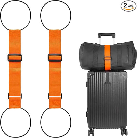 BILIONE Add a Bag Luggage Straps 2 Pack, Adjustable Bungee Elastic Belt to Connect Two Suitcases, Secure Carry On & Travel Essentials (Orange)