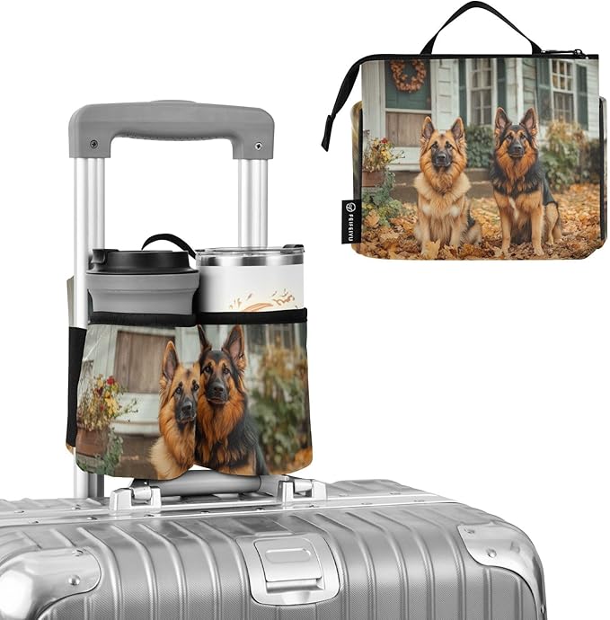 Cute Fall Leaves German Shepher Dogs Luggage Cup Holder Travel Portable Free Hand Drink Carrier Suitcase Drinks Beverage Holder Carry-On Bottle Mug Holder Organizer Bag Travelers Accessories
