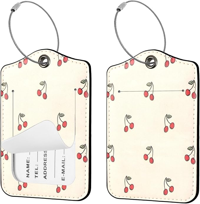 Seorsok 2Pcs Luggage Travel Tags for Suitcases,Cute Red Cherry PU Leather Name Tag with Privacy Cover&ID Label Address Card and Durable Metal Ring Suitable for Men Women Handbags Backpack,Beige