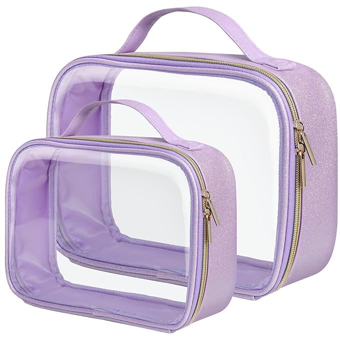 PACKISM Glitter Texture TSA Approved Toiletry Bag Set, Style Clear Makeup Bag with Handle, 1 TSA Medium & 1 Large for Travel, Gift for Women, Purple