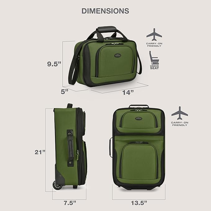 U.S. Traveler Rio Lightweight Softside Rolling Carry-on Suitcase, 2-Wheel Set, Green