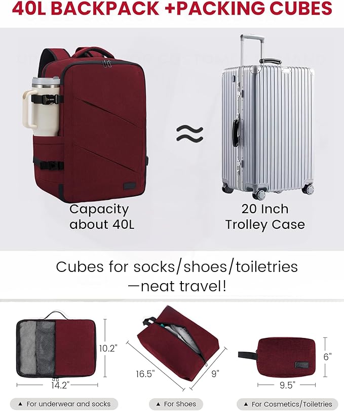 LOVEVOOK Travel Carry on Backpack, Large 40L Personal Item Travel Bag for Men & Women Flight Approved with 3 Packing Cubes, Suitcase Water Resistant Luggage Daypack Business Weekender Bag,Wine Red