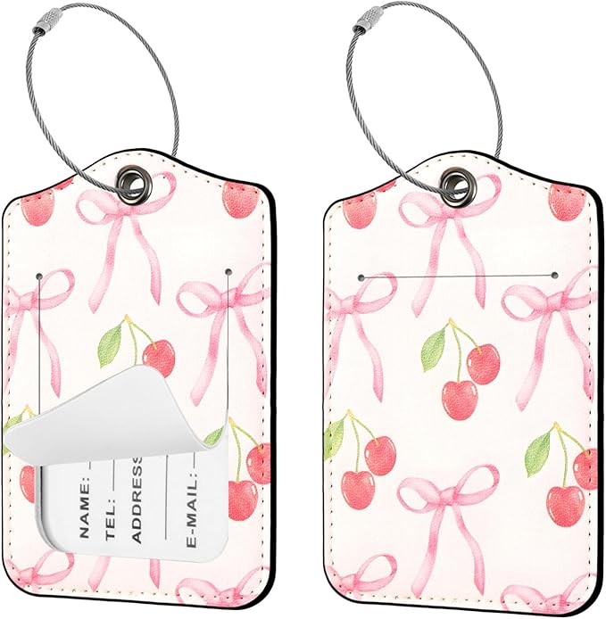 Seorsok 2Pcs Luggage Travel Tags for Suitcases,Ribbon Bow PU Leather Name Tag with Privacy Cover&ID Label Address Card and Durable Metal Ring Suitable for Men Women Handbags Backpack,Red Cherry