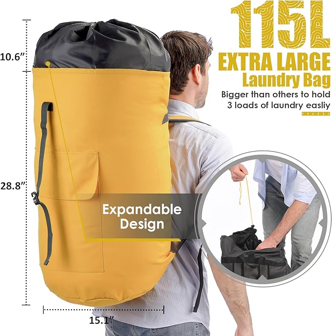 Backpack Laundry Bag, 115L Heavy Duty Extra Large College Laundry Backpack, Dirty Clothes Bag with Shoulder Straps, Laundry Hamper Bag with Drawstring Closure for College Dorm, Apartment Gold