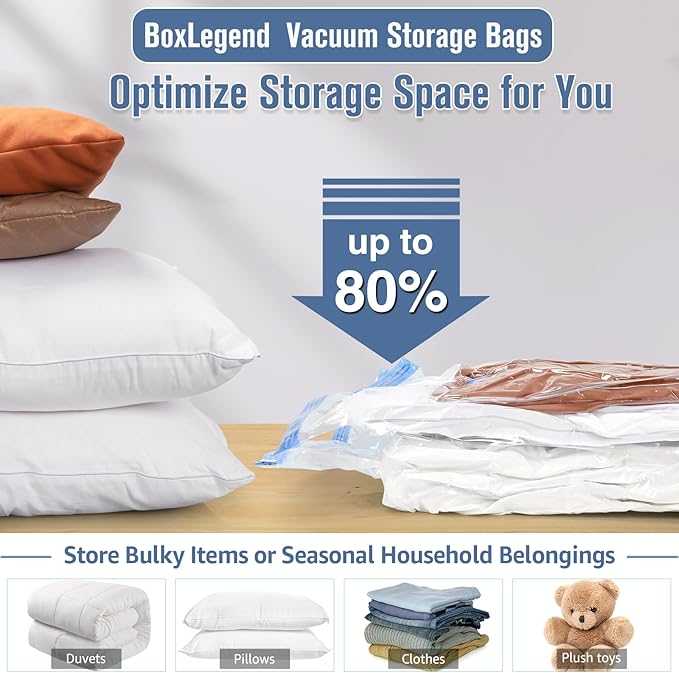 BoxLegend Vacuum Storage Bags with Large Hand Pump 24 Combo (1X-Jumbo, 4 Jumbo, 7 Large, 6 Medium, 6 Small) Thickened Vacuum Seal Bags for Clothing Blanket Pillow Comforters Bedding Quilt Coat