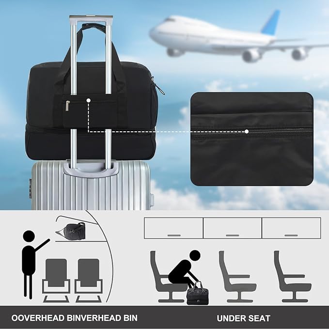 Carry On Travel Duffel Bag for Women & Men,Overnight Weekender Bag with Shoe Compartment,Trolley Sleeve and Adjustable Shoulder Strap,Business & Weekend Travel,Gym,Sports,Yoga & Dance(Black)