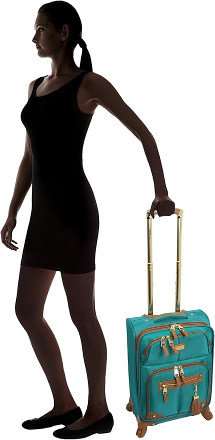 Steve Madden Designer-Gepckkollektion Leichter Softside-Koffer fr Damen und Herren strapazierfhige 50,8 cm groe Tragetasche mit 4 rollenden Spinner-Rdern, Harlo Teal Blue, 20in, Carry on Bag With