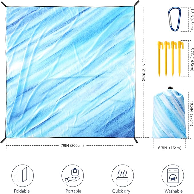 Beach Blanket Waterproof Sandproof Beach Mat for 1-8 Adults Quick Drying Durable Outdoor Picnic Mat for Beach Festival Travel Camping Hiking (Slanting-BL&W, 79"×83"(4 Person))