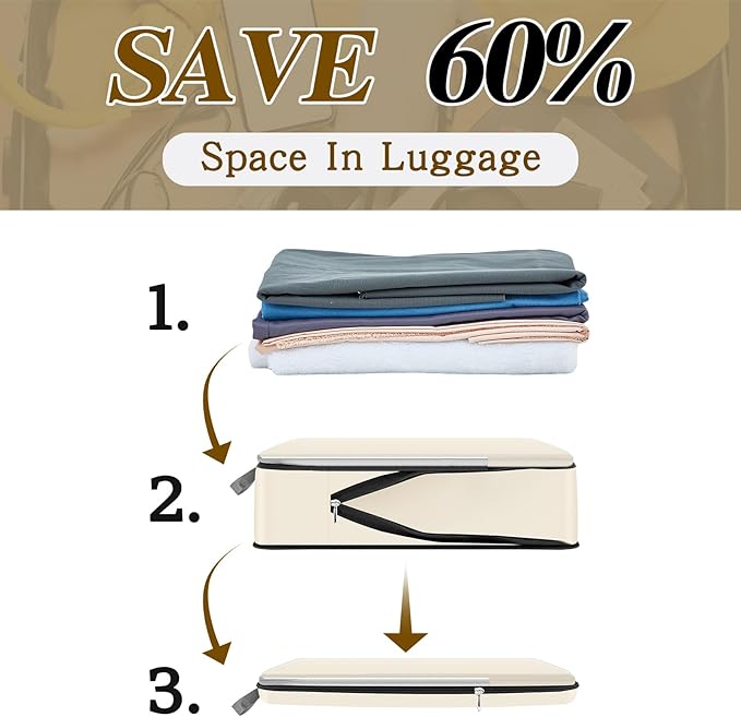 Hosuly 6 Pcs Ultralight Compression Packing Cubes for Travel 17.3 x 12.6'' XL Large Expandable Luggage Organizers for Save Space Family Long Trips (Beige)