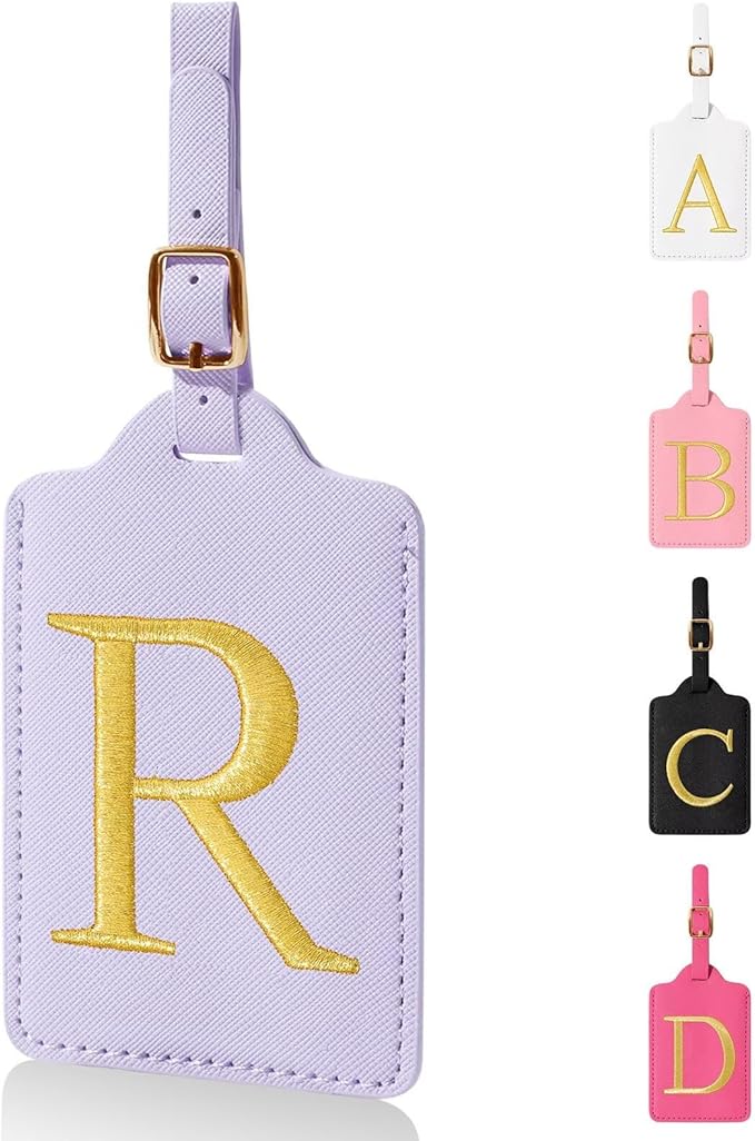 Personalized Initial Luggage Tags for Suitcases,Leather Letter Cute Luggage Tags with Privacy Name Card,Embroidered Monogrammed Travel Bag Backpack Tag Gifts for Women Kids Girls Teens(Purple-R)
