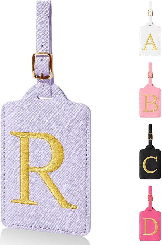 Personalized Initial Luggage Tags for Suitcases,Leather Letter Cute Luggage Tags with Privacy Name Card,Embroidered Monogrammed Travel Bag Backpack Tag Gifts for Women Kids Girls Teens(Purple-R)