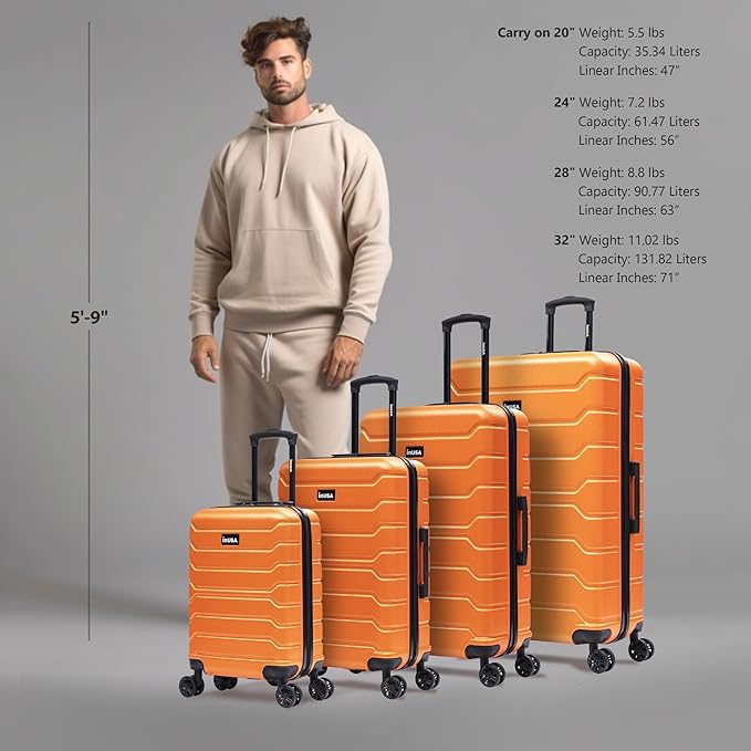 InUSA TREND Luggage with Spinner Wheels | Durable Lightweight Hardside Suitcase, Travel Sets with Handle and Trolley | (20in, 24in, 28in, 32in) 4 Piece Set | Orange