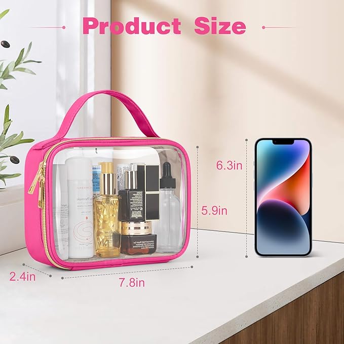 Wedama TSA Approved Toiletry Bag, 2 Pack Clear Makeup Bags with Handles, Quart Size PVC Clear Cosmetic Bags for Women and Men, Carry on Airport Airline Compliant Bag, Rose Red