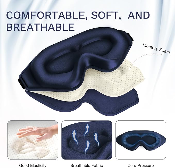 99% Fully Block Out Light Eye Sleep Mask, 3D Deep Contoured Eyes Cover Zero Pressure, Long Lash Extension Eyes Mask with Adjustable Straps for Sleeping Travel Home Nap Rest Women Men (Dark Blue)
