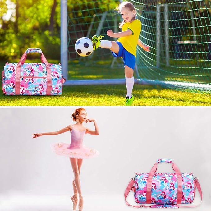 Gym Travel Duffle Bag for Girls - Gymnastics Sports Dance Bag with Shoe Compartment & Wet Pocket Mermaid Kids Travel Bag Teens Weekender Sleepover Carry On Bag