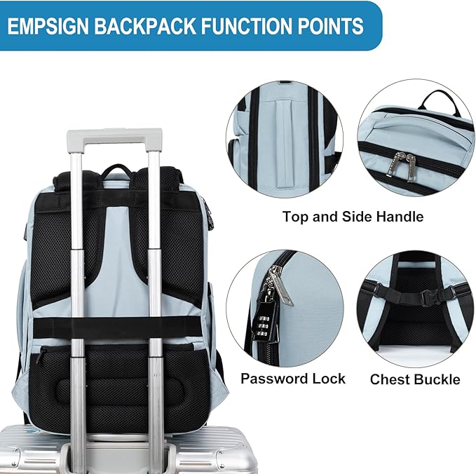 EMPSIGN Carry on Travel Backpack for Women & Men, 17 inch Large TSA Friendly Laptop Backpack with USB Port, Airline Approved Carry On Luggage, Travel Essentials, Weekender Overnight Bags, Light Blue