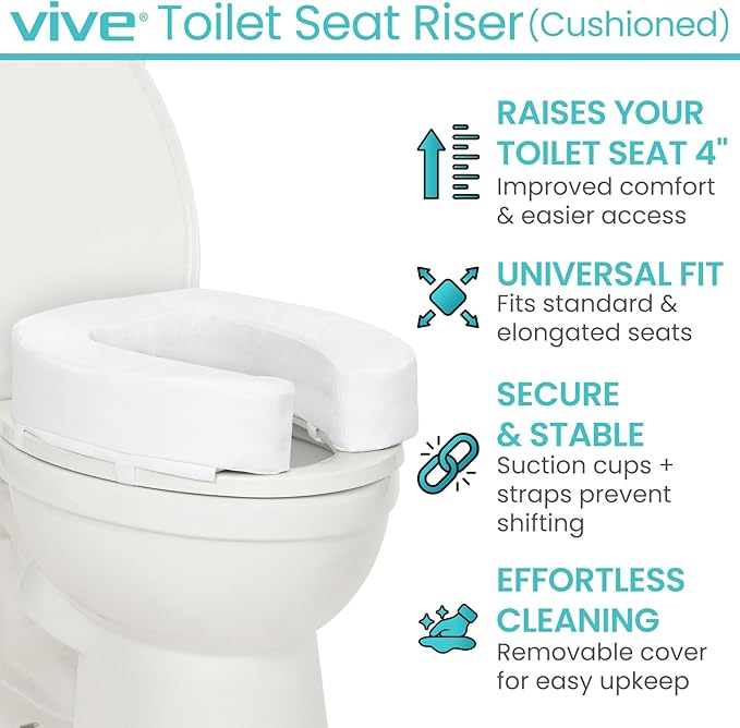 Vive Toilet Seat Riser Cushion for Seniors - Universal Fit - Raised Toilet Seat with High-Density Foam for Elongated & Standard - Firm Handle, Cushioned & Padded - Elevated Medical Handicap Lifter