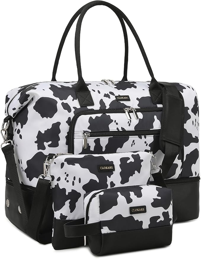 Weekender Bags for Women, Travel Duffle Bag Carry On Overnight Bag with Cosmetics Bag and Crossbody Purse for Gym Hospital, Gifts for Women, Cow Print Black