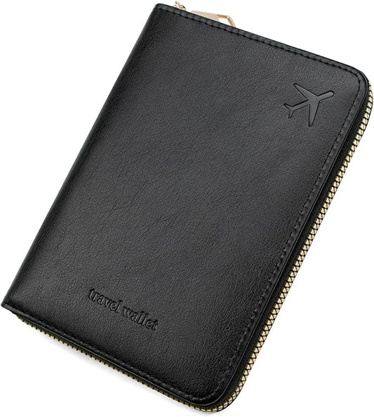 defway Passport Holder Travel Wallet - RFID Blocking Passport Holder Wallet, Full Zip Travel Card Cover with RFID Protection, Multi Slot Organizer for Cards Cash Documents Travel Essentials (Black)