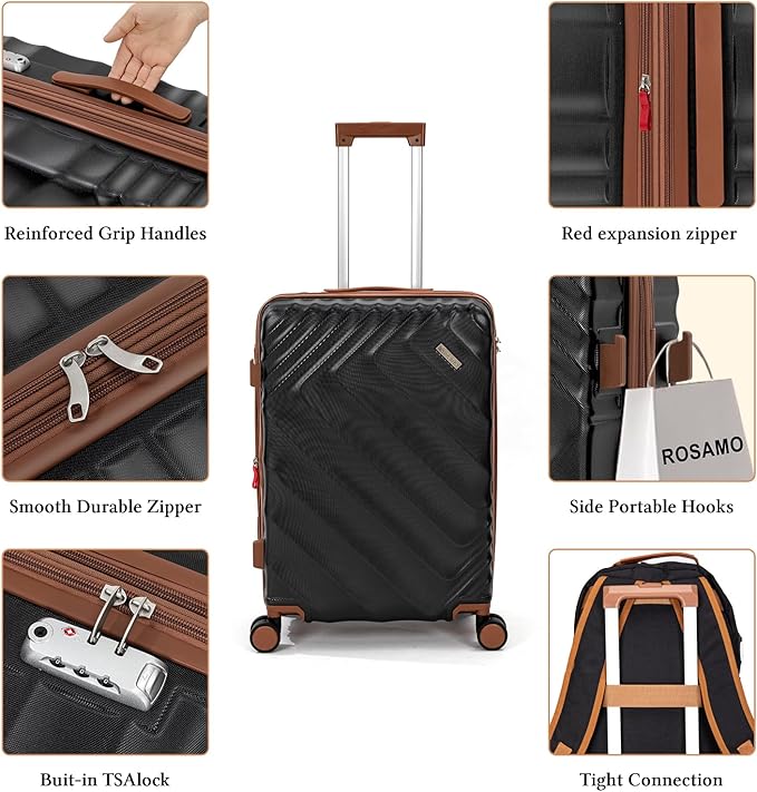 3 piece Luggage Set Expandable Suitcase 22x14x9 Airline Approved Carry on, ABS Hard Case Suitcases with Spinner Wheels, TSA Lock, (Black, 3 Piece Sets(20/BP/TB))