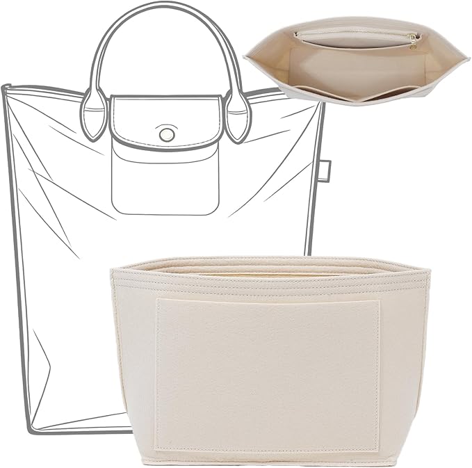 Doxo Felt Purse Organizer Insert for Longchamp Le Pliage M Totes, Longchamp Orgainzer Insert Meduim with 7 Compartments & YKK Zipper | Fits Long Champ Meidum Top Handle Tote Bag (SM, Beige)