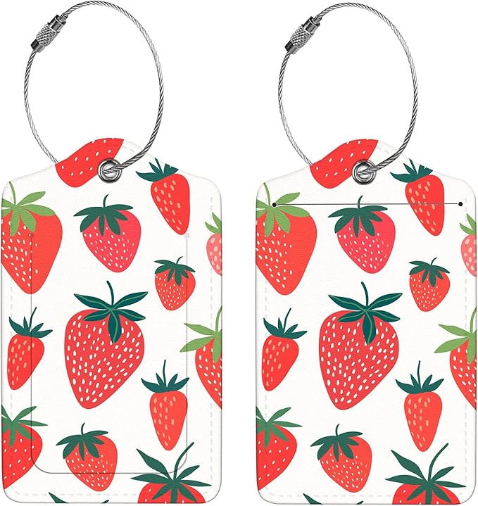 2 Pcs Luggage Tags for Suitcase, Cute Unique PU Leather Travel Bag Tag with Privacy Cover ID Label Address Card and Durable Metal Ring Suitable for Men Women Children Backpack,Strawberry Pattern