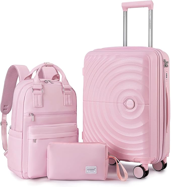 LARVENDER Carry On Luggage Set 22x14x9 Airline Approved, Expandable 20 Inch Carry-On Suitcases With Wheels, Lightweight Luggage Sets 3 Pieces With Backpack, Light Pink
