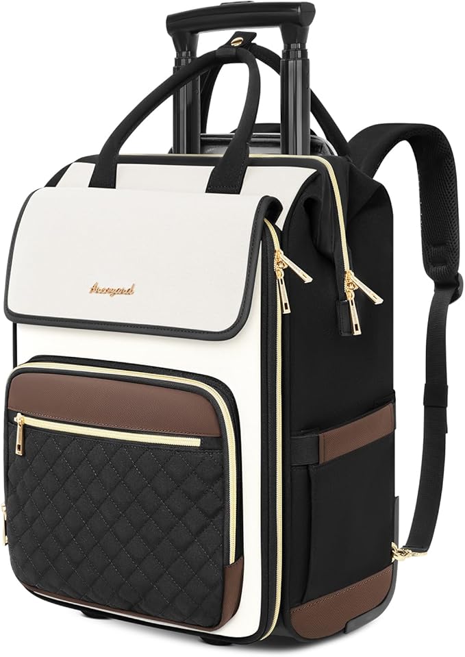 Rolling Backpack for Women, Travel Rolling Laptop Backpack with Wheels, Vertical & Horizontal Storage 2 In 1, Flip-Top Design, Water-Resistant Overnight College Underseat Carry on Luggage, Beige Brown