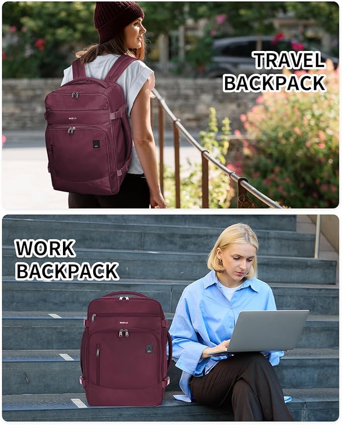 ECOHUB Travel Backpack for Women, 18x14x8 Spirit Airlines Personal Item Bag with Clear Toiletry Bag, Laptop Carry on Backpack with USB Port, Airline Approved Under Seat 14 Pockets 30L, Red
