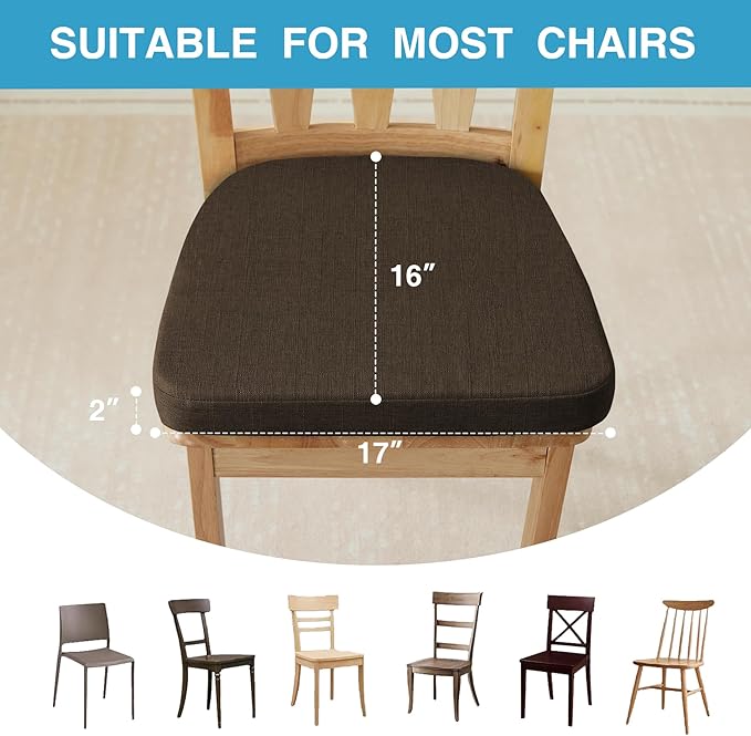 Chair Cushions for Dining Chairs Set of 6, Non Slip Kitchen Chair Pads, 17" x 16" x 2", Indoor Dining Chair Cushions with Ties, D-Shaped Seat Cushions for Kitchen Chairs, Brown
