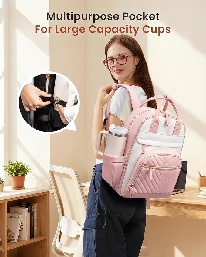 LOVEVOOK Laptop Backpack for Women with Giant Tumbler Holder Pocket,15.6 inch School College Book Bag Nurse Teacher Backpack,Waterproof Work Travel Backpack Purse Laptop Computer Bag, Beige-Pink-Pink