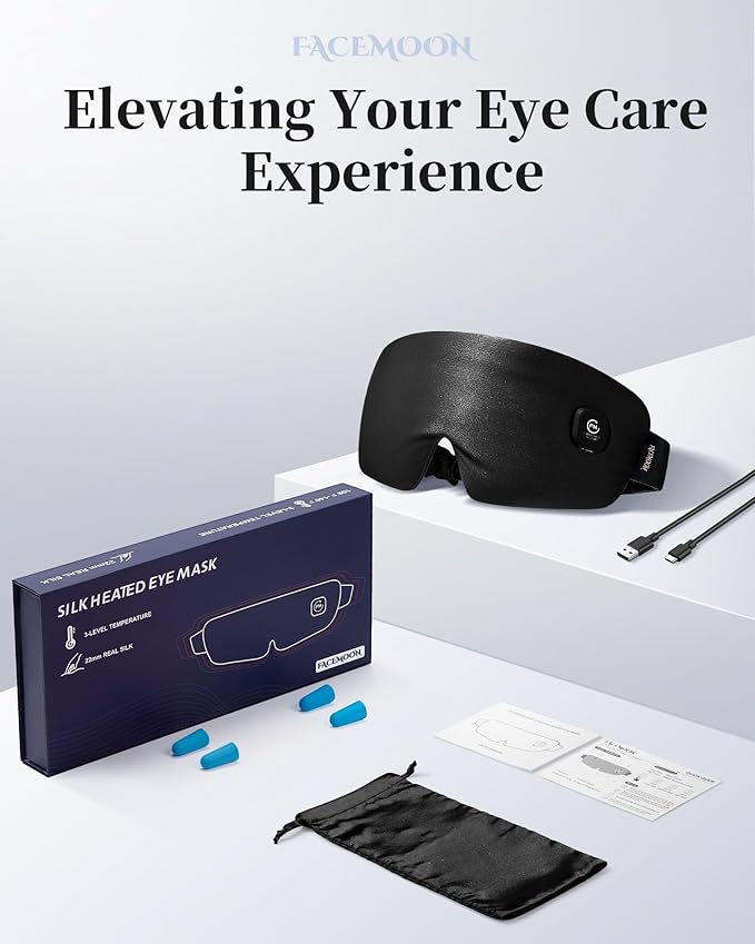 Heated Eye Mask for Dry Eyes - Silk Cordless Warm Eye Compress Moist Heat, Eye Heating Pad for Stye Treatment, Tired Eyes, Sleep, Travel, Washable, Rechargeable, Black