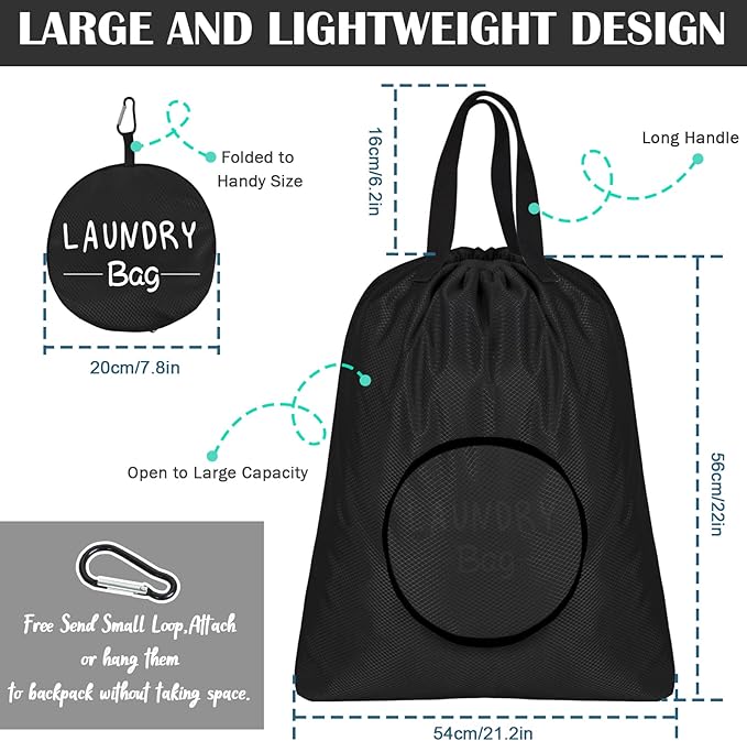 Sylfairy 2 Pack XL Laundry Bag with Strap,Heavy Duty Travel Laundry Bag,Rip-Stop Dirty Clothes Shoulder Bag with Drawstring,Easy Fit a Laundry Hamper or Basket Travel Essentials (Black)