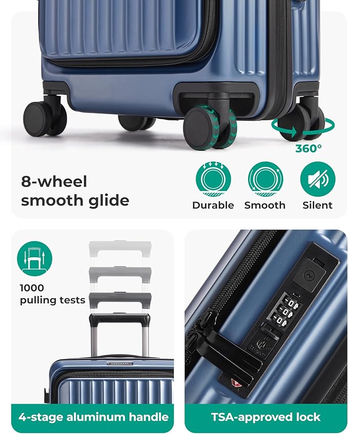 BAGSMART Top Opening Carry On Luggage 22x14x9 Airline Approved with TSA Lock, Expandable 20 Inch Deep Compartment Hard Shell Suitcases with Double Spinner Wheels, Blue