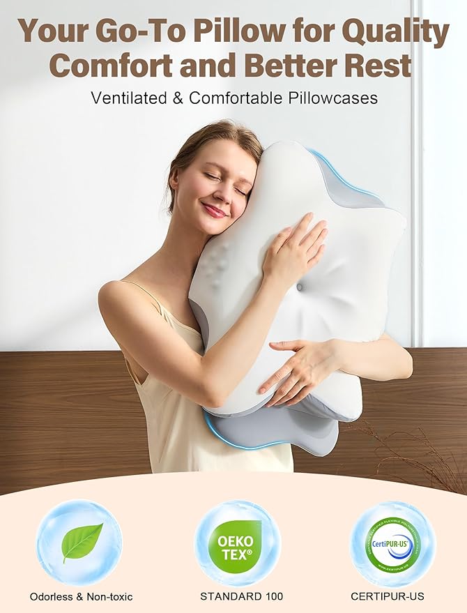 Cervical Neck Pillow for Pain Relief – Ergonomic Memory Foam Pillow for Side Sleeper Contour Orthopedic Bed Pillow for Neck Support with Cooling Cover – Ideal Christmas Birthday Gift for Women Men