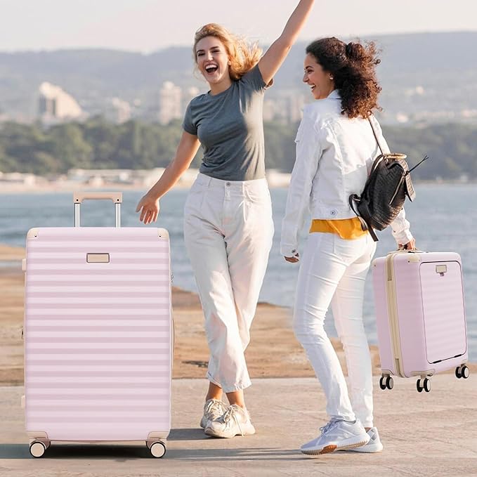 Merax Luggage Sets Front Opening, 3 Piece Hardshell Suitcase with Spinner Wheels and Bags,Lightweight Carry on Luggage with USB Port and Cup Holder,20+24+28,Pink