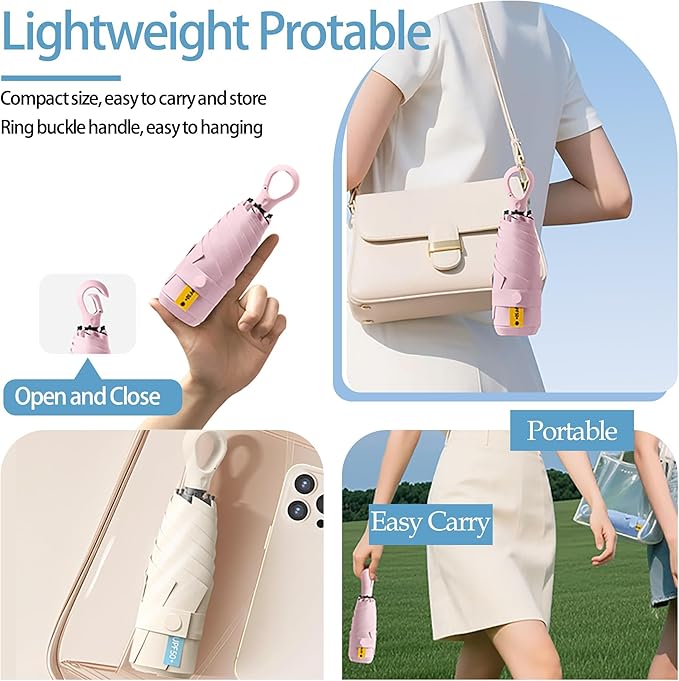 Mini Compact Folding Travel Umbrella with Carabiner Ring Handle,Fiberglass Ribs,UV Protection,UPF 50+ UV Sun Rain Protection,Lightweight Small,Handbag,Teflon Coating,Women Kids