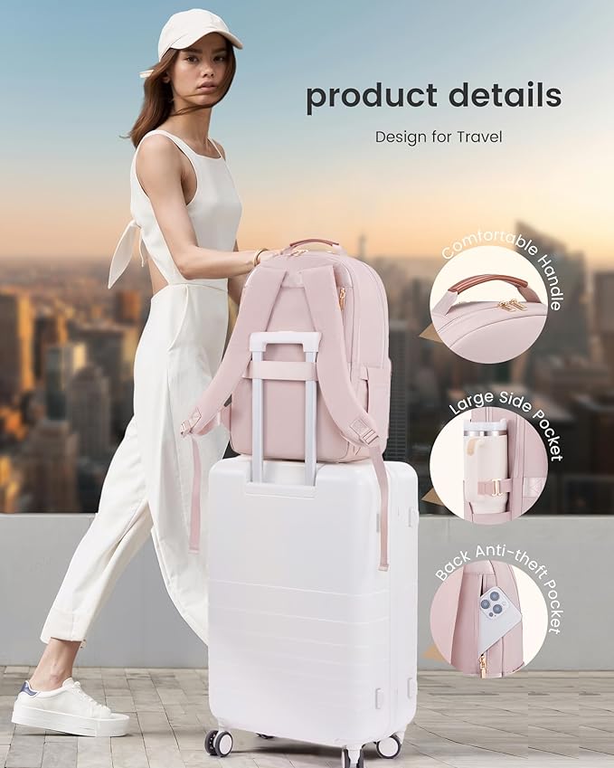 LOVEVOOK Laptop Backpack for Women with Leather Trim & Tumbler Pockets, 15.6" Work Backpack Purse, Travel Personal Item Bag, Carry On Business Computer Bag for Office, School, or Gift, Apricot Brown
