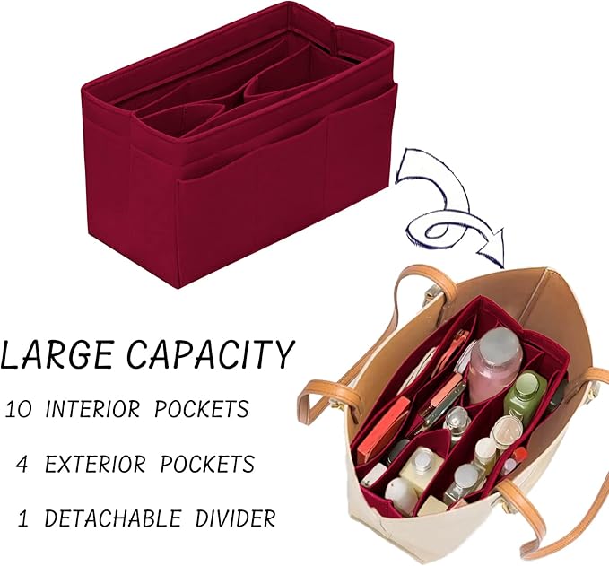 DailyPlus Purse Organizer Insert Felt Bag Organizer Handbag Organizer Insert Bag In Bag Organizer for Tote Purse Bag 14 Pockets Dark Red Large