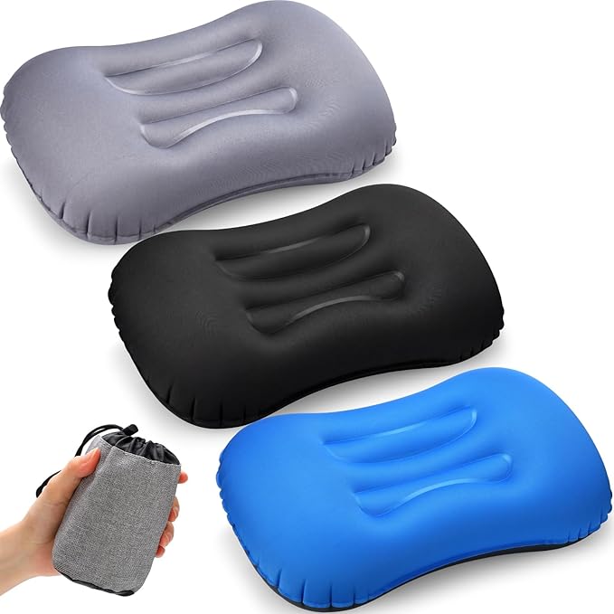 Yulejo 3 Pcs Inflatable Camping Travel Pillow Ultralight Inflating Pillows Lightweight Portable Backpacking Pillow for Neck Lumbar Support Camp Hiking Sleeping(Dark Gray, Black, Dark Blue)