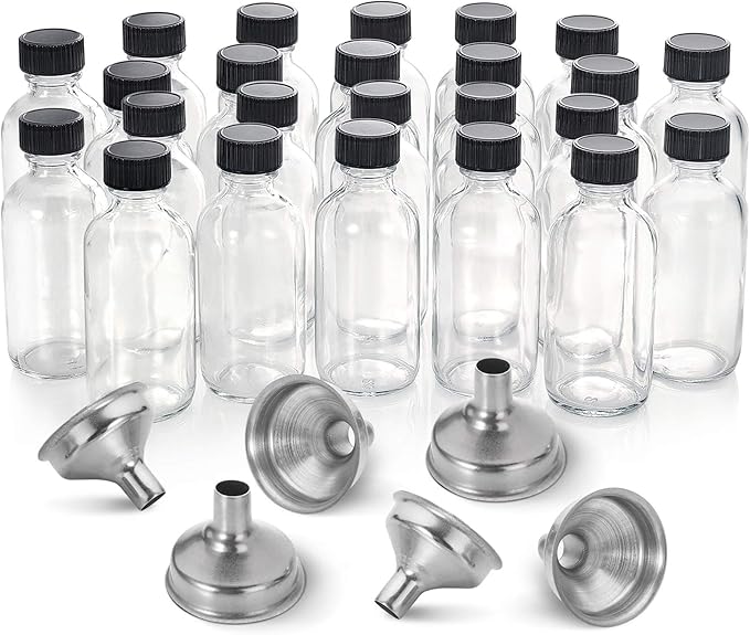 24 Pack, 2 oz Small Clear Glass Bottles w/ Lid & 6 Stainless Steel Funnels - 60ml Boston Sample Bottles - Mini Travel Essential or Decorative Bottles for Potion, Juice, Wellness, Ginger Shots, Whiskey