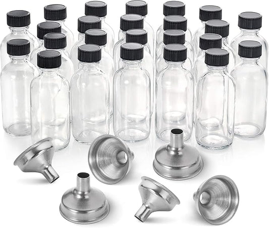 24 Pack, 2 oz Small Clear Glass Bottles w/ Lid & 6 Stainless Steel Funnels - 60ml Boston Sample Bottles - Mini Travel Essential or Decorative Bottles for Potion, Juice, Wellness, Ginger Shots, Whiskey