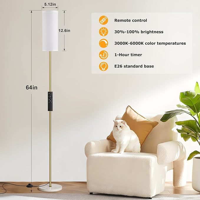 64'' Floor Lamps for Living Room with Remote Control and Stepless Dimmable Colors Temperature & Brightness, Gold Standing Lamp with White Marble Base